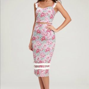 Lulus Tamera Light Blue Floral Print Crop Top/Skirt Set NWT